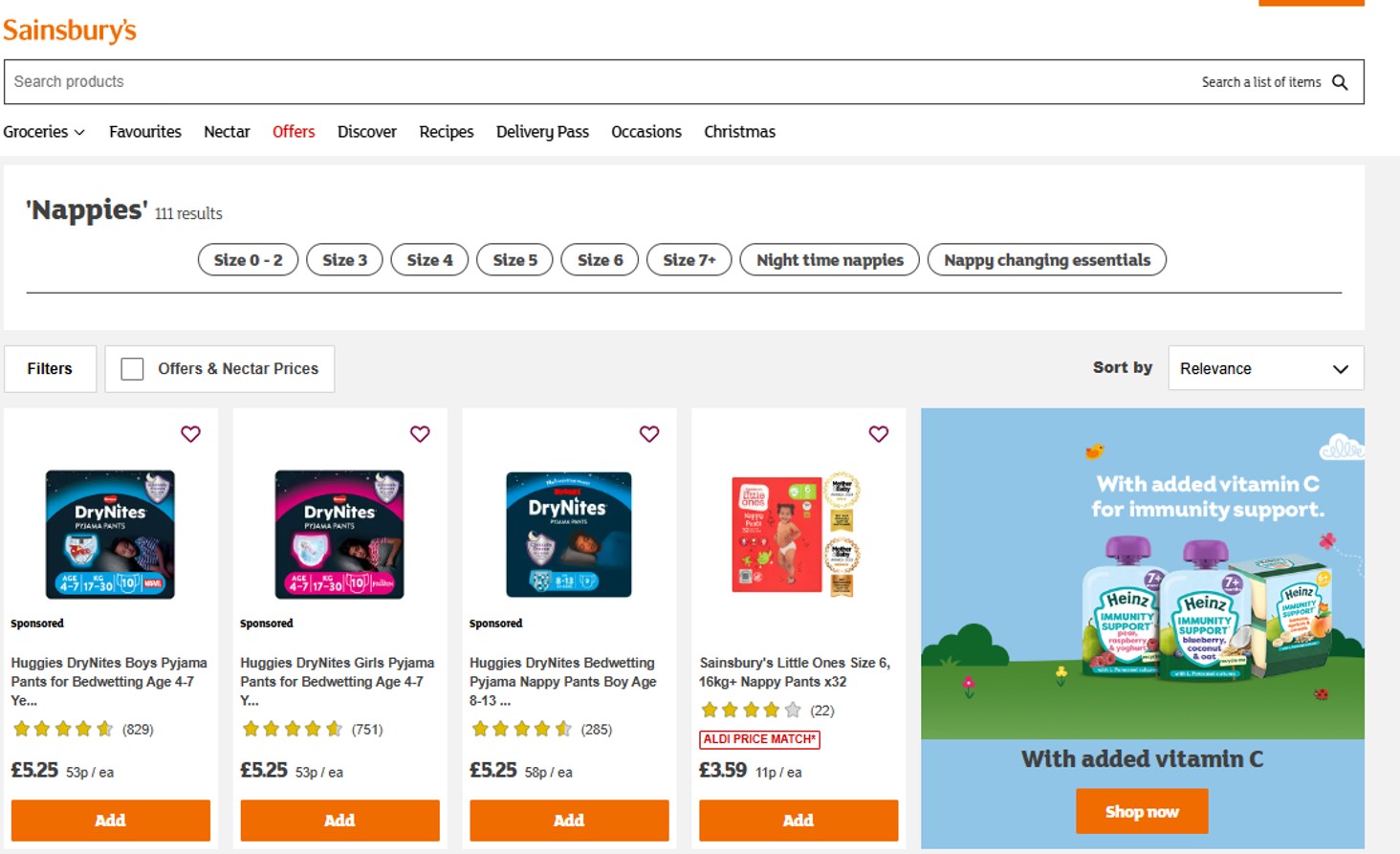 The search engine results page on Sainsbury when searching for nappies